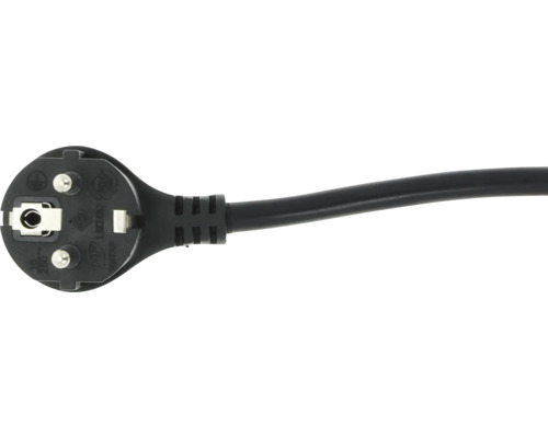 Schukostecker mit schwarzem Kabel und Schutzkontakt für Stromverbindungen.