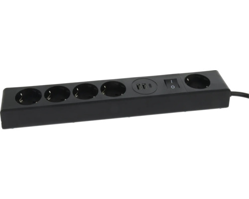 Schwarze Steckdosenleiste 5-fach mit Schalter, zwei USB-A-Anschlüssen und einem USB-C-Anschluss.
