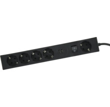 Schwarze Steckdosenleiste mit fünf Steckdosen, zwei USB-A-Anschlüssen, einem USB-C-Anschluss und einem Ein-Aus-Schalter.