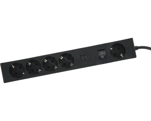 Schwarze Steckdosenleiste mit fünf Steckdosen, zwei USB-A-Anschlüssen, einem USB-C-Anschluss und einem Ein-Aus-Schalter.