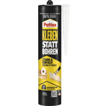 Pattex Montagekleber Kleben statt Bohren, Kartusche für innen, Anfangshaftung 140 Kilogramm pro Quadratmeter. Henkel Logo.