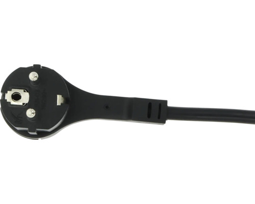 Schwarzer Schuko-Stecker mit angeschlossenem Netzkabel.