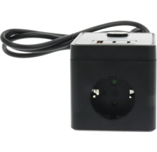 Schwarze Würfel-Steckdose mit einer Steckdose, zwei USB-Anschlüssen, Ein-Aus-Schalter und Netzkabel.
