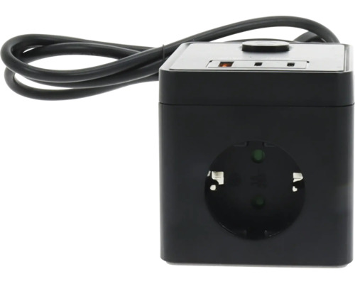 Schwarze Würfel-Steckdose mit einer Steckdose, zwei USB-Anschlüssen, Ein-Aus-Schalter und Netzkabel.