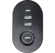 Schwarze USB-Ladestation mit einem USB-C-Anschluss, zwei USB-A-Anschlüssen und einem runden Ein-Aus-Schalter.