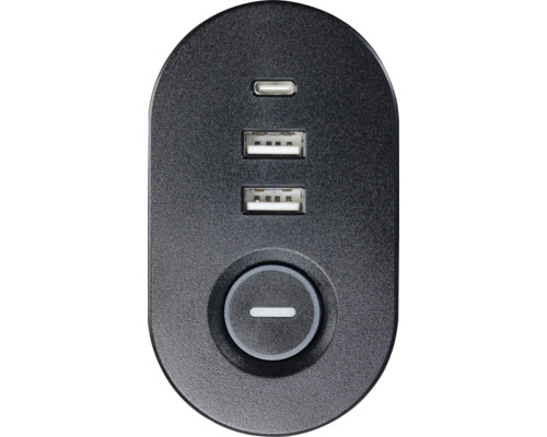 Schwarze USB-Ladestation mit einem USB-C-Anschluss, zwei USB-A-Anschlüssen und einem runden Ein-Aus-Schalter.