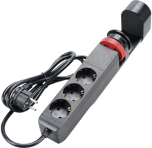 Steckdosenleiste mit 3 Steckplätzen, Tischklemme, schwarzem Kunststoffgehäuse und Kabel mit Stecker.
