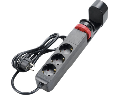 Steckdosenleiste mit 3 Steckplätzen, Tischklemme, schwarzem Kunststoffgehäuse und Kabel mit Stecker.