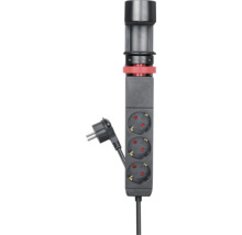 Schwarze 3-fach Steckdosenleiste mit Schutzkontaktstecker und rotem Spannrad zur Befestigung.