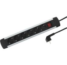 Steckdosenleiste aus Aluminium mit 6 Steckplätzen, beleuchtetem Schalter und Winkelstecker.