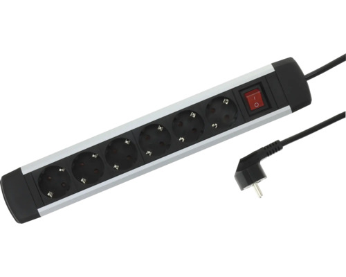 Steckdosenleiste aus Aluminium mit 6 Steckplätzen, beleuchtetem Schalter und Winkelstecker.