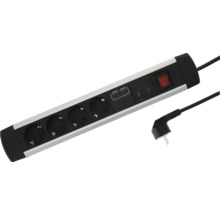 Steckdosenleiste mit 4 Steckplätzen, 2 USB-Anschlüssen, Ein- und Ausschalter und Winkelstecker in Schwarz und Silber.