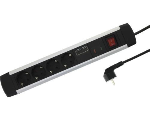 Steckdosenleiste mit 4 Steckplätzen, 2 USB-Anschlüssen, Ein- und Ausschalter und Winkelstecker in Schwarz und Silber.