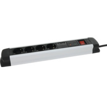 Steckdosenleiste in Weiß und Schwarz mit 4 Steckdosen, 2 USB-Anschlüssen, Überspannungsschutz und Ein-Aus-Schalter.