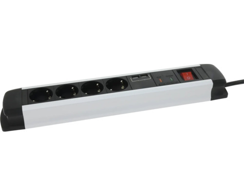 Steckdosenleiste in Weiß und Schwarz mit 4 Steckdosen, 2 USB-Anschlüssen, Überspannungsschutz und Ein-Aus-Schalter.