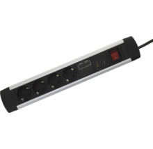Steckdosenleiste mit 4 Steckplätzen, 2 USB-Anschlüssen und beleuchtetem Ein-Aus-Schalter.
