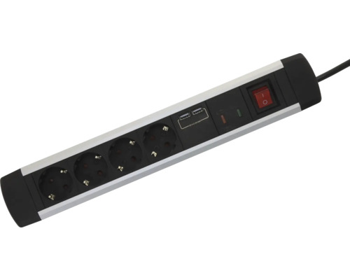 Steckdosenleiste mit 4 Steckplätzen, 2 USB-Anschlüssen und beleuchtetem Ein-Aus-Schalter.