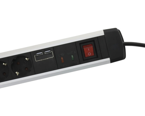 Steckdosenleiste mit zwei USB-Ladebuchsen, beleuchtetem Wippschalter und Funktionsanzeigen.