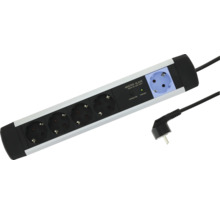 Master-Slave-Steckdosenleiste mit fünf Steckplätzen, Kontrollleuchte und Netzkabel mit Winkelstecker.