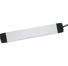 Flache LED-Unterbauleuchte für Möbel in Weiß mit schwarzen Endkappen und Anschlusskabel.