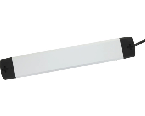 Flache LED-Unterbauleuchte für Möbel in Weiß mit schwarzen Endkappen und Anschlusskabel.