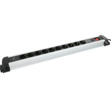 Steckdosenleiste aus Aluminium mit 10 Steckplätzen, 2 USB-Anschlüssen, Überspannungsschutz und beleuchtetem Schalter.