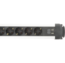 Steckdosenleiste aus Kunststoff in Grau und Weiß mit Schutzkontakt-Steckdosen und zwei USB-Anschlüssen.