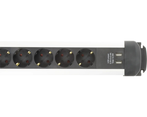 Steckdosenleiste aus Kunststoff in Grau und Weiß mit Schutzkontakt-Steckdosen und zwei USB-Anschlüssen.