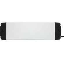 Rechteckiger LED-Transformator mit weißem Gehäuse, schwarzen Endkappen und Anschlusskabel.