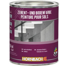 Hornbach Zement- und Bodenfarbe, 750 Milliliter Dose, hoch abriebfest, für Betonböden und Treppen, Reichweite circa 8 Quadratmeter. Hornbach Logo.