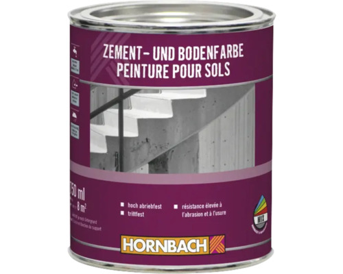 Hornbach Zement- und Bodenfarbe, 750 Milliliter Dose, hoch abriebfest, für Betonböden und Treppen, Reichweite circa 8 Quadratmeter. Hornbach Logo.