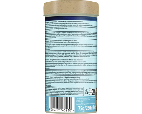 Rückseite der Tetra Discus Granules Dose mit Fütterungshinweisen, Inhaltsstoffen, Barcode, Angabe von 75 Gramm und Symbol für Recyclingfähigkeit.