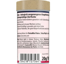 Rückseite der Tetra Fischfutterverpackung für Zierfische mit Produktinformationen, Barcode und einer Gewichtsangabe von 20 Gramm.