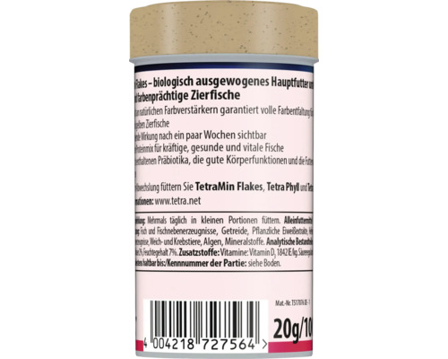 Rückseite der Tetra Fischfutterverpackung für Zierfische mit Produktinformationen, Barcode und einer Gewichtsangabe von 20 Gramm.