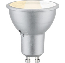Silberfarbene GU10 LED Reflektorlampe mit Farbtemperaturschalter für 2700 Kelvin, 3000 Kelvin und 4000 Kelvin.