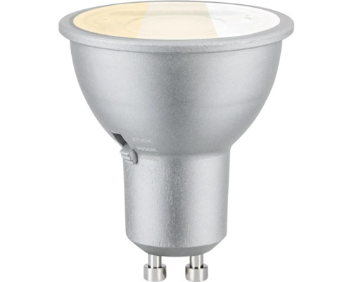 Silberfarbene GU10 LED Reflektorlampe mit Farbtemperaturschalter für 2700 Kelvin, 3000 Kelvin und 4000 Kelvin.