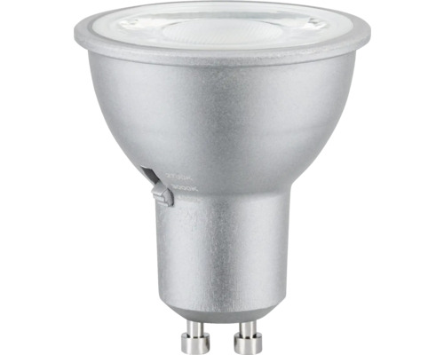 LED-Reflektorlampe GU10 in Silber mit Schalter zur Einstellung der Farbtemperatur auf 2700 Kelvin, 3000 Kelvin oder 4000 Kelvin.