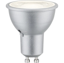 Silberfarbene LED-Reflektorlampe GU10 mit einstellbarer Farbtemperatur von 2700 bis 4000 Kelvin.
