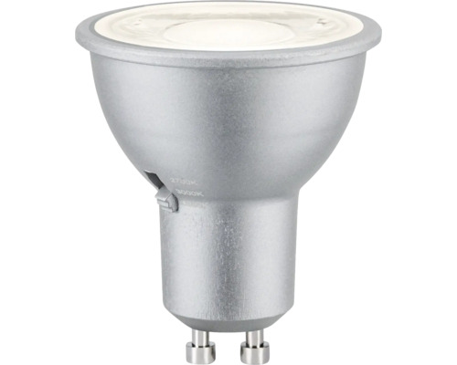 Silberfarbene LED-Reflektorlampe GU10 mit einstellbarer Farbtemperatur von 2700 bis 4000 Kelvin.