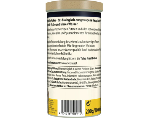 Rückseite der TetraMin Flakes Fischfutter-Dose mit Inhaltsstoffen, analytischen Bestandteilen und Fütterungsempfehlung.