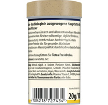 Rückseite einer Dose Tetra Hauptfutter für Fische mit Informationen zu Inhaltsstoffen, Fütterungsempfehlungen und Barcode.