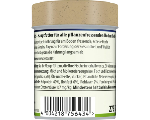 Rückseite der Verpackung von Tetra Fischfutter für pflanzenfressende Bodenfische mit Inhaltsstoffen, Fütterungsempfehlung und Barcode.
