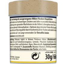 Rückseite der Verpackung von TetraMin Baby Mikro-Flocken Hauptfutter für Jungfische mit Zutatenliste, Fütterungshinweisen und Gewichtsangabe.