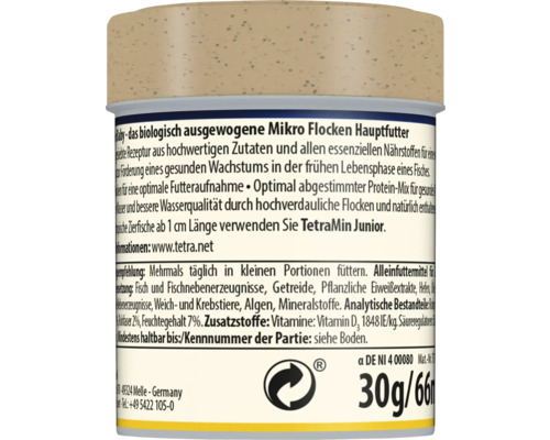 Rückseite der Verpackung von TetraMin Baby Mikro-Flocken Hauptfutter für Jungfische mit Zutatenliste, Fütterungshinweisen und Gewichtsangabe.