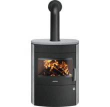 Kaminofen von Justus mit Steinverkleidung, Glasscheibe mit brennendem Feuer und schwarzem Ofenrohr.