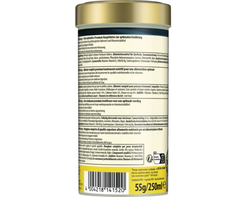 Dosenrückseite PRO Energy Hauptfutter für Zierfische mit Inhaltsstoffen, Fütterungsempfehlung, Entsorgungshinweisen und Barcode, 55 Gramm.