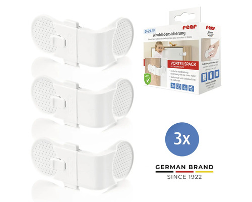 reer Schubladensicherung aus weißem Kunststoff, 3 Stück im Vorteilspack für Kindersicherheit an Schränken und Schubladen.