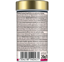 Rückseite einer Dose Premium Hauptfutter für Zierfische mit Zutatenliste und Fütterungsempfehlung, 20 Gramm.