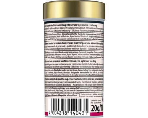Rückseite einer Dose Premium Hauptfutter für Zierfische mit Zutatenliste und Fütterungsempfehlung, 20 Gramm.