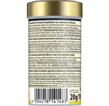 Rückseite einer Dose Premium Hauptfutter für Zierfische mit Nährwertangaben und Barcode.